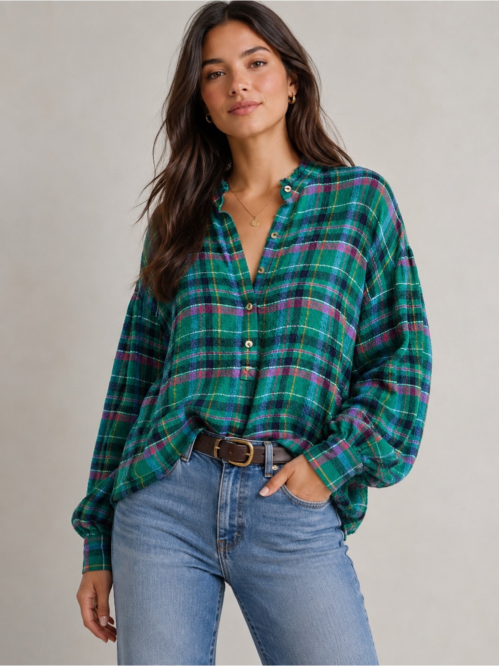 Anthropologie Pilcro Cropped Puff-Sleeve Soft Crinkle Plaid Blouse XL